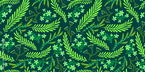 Green floral background. Seamless vector pattern with flowers and plants. Green color