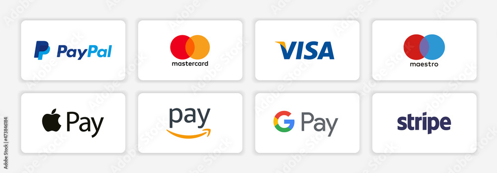 Online Payment Methods Icons Set : Paypal, Mastercard, Visa, Maestro, Apple  Pay, Amazon Pay, Google Pay & Stripe Company Vector Logo Stock Vector |  Adobe Stock