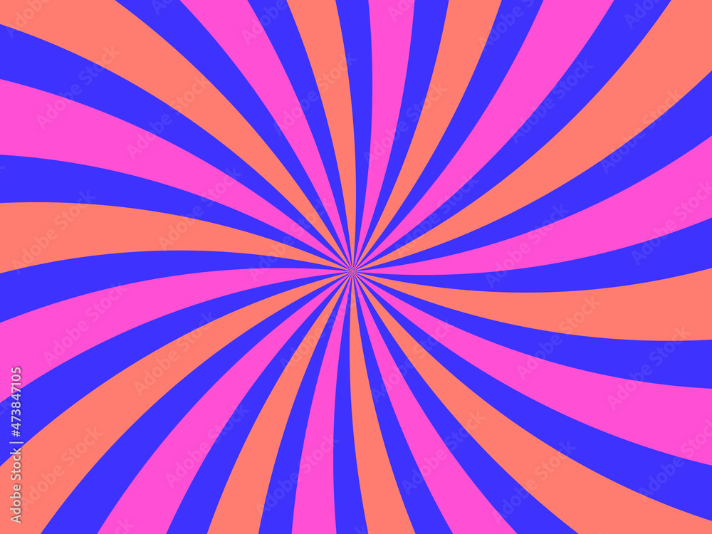 Velvet violet, coral and pink rays. Retro starburst effect, curvy stripes. Vibrant colorful background. Trending colors 2022. Vector illustration, eps 10.