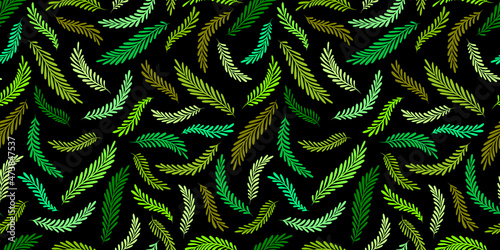 Floral seamless pattern. Green tropical leaves on black background. Wrapping paper, wallpaper, pattern for textile