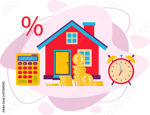 Initial mortgage payment, mortgage loan, low interest rate. Profitable purchase of real estate. Vector flat illustration.