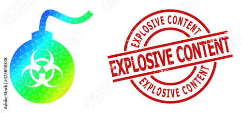 Explosive Content corroded stamp imitation and lowpoly rainbow colored biohazard bomb icon with gradient. Red stamp contains Explosive Content caption inside round and lines form.