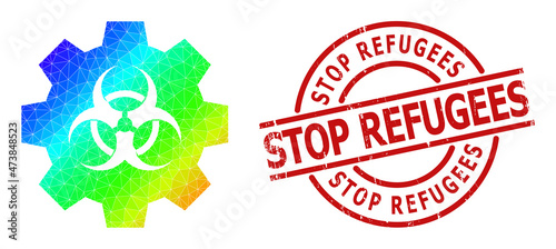 Stop Refugees textured stamp seal and lowpoly spectral colored biohazard industry icon with gradient. Red stamp seal contains STOP REFUGEES title inside circle and lines template.