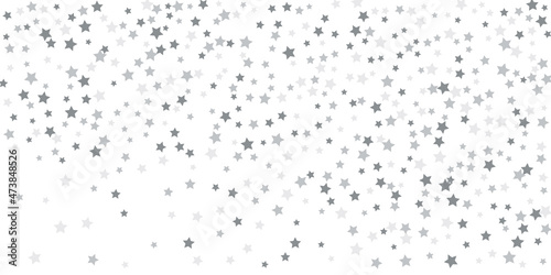 Silver star confetti. Falling stars on a white background. Illustration of flying shining stars. Decorative element.