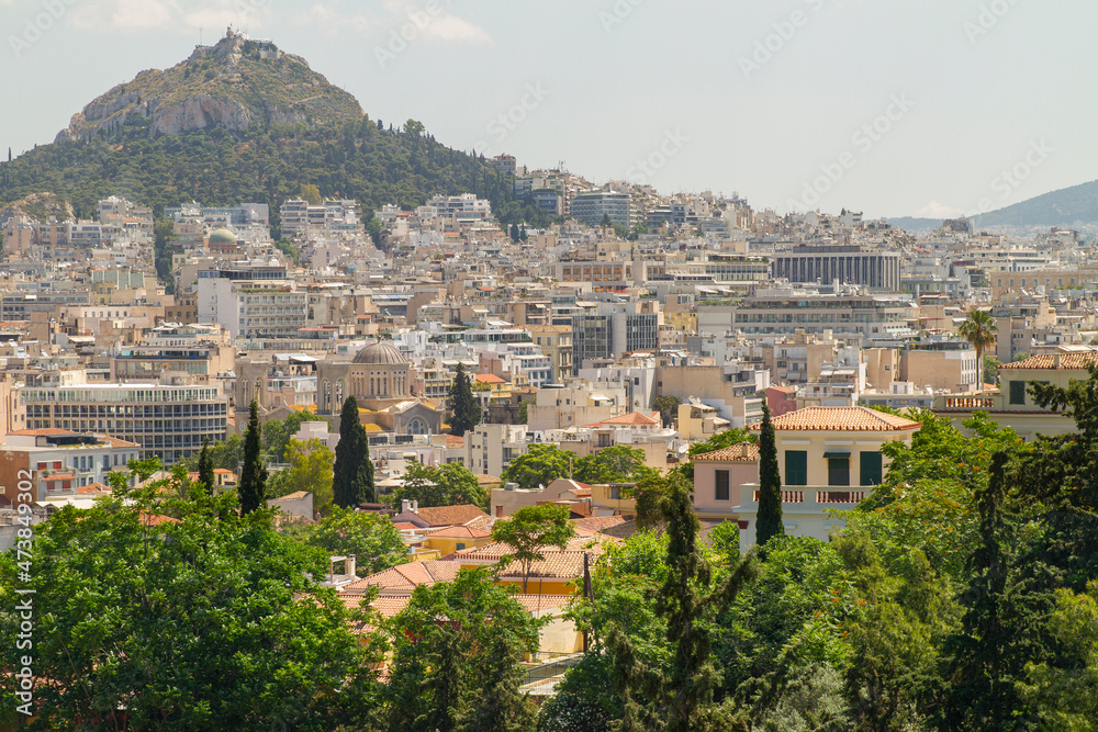 Fototapeta premium Panoramica, panoramic, paisaje, landscape, vista, view, skyline en la ciudad de Atenas o Athens en el pais de Grecia o Greece