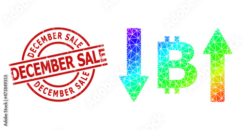 December Sale corroded stamp print and lowpoly spectral colored bitcoin volatility icon with gradient. Red stamp has December Sale text inside round and lines form.