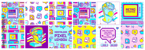 Fun pack of retro computer square posters and seamless patterns and stickers . Old pc aesthetic pixel window 1980s -1990s style. Cool retrowave user interface and desktop illustrations.