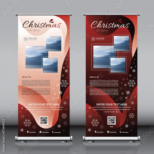 Christmas advertisement roll up vertical standee banner design with red color concept, snowflakes artwork and 3 images.