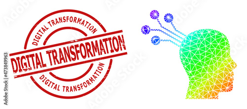 Digital Transformation textured stamp print and lowpoly rainbow colored brain machine interface icon with gradient. Red stamp seal contains DIGITAL TRANSFORMATION caption inside round and lines form.