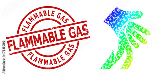 Flammable Gas grunge stamp and low-poly rainbow colored burn hand icon with gradient. Red seal has Flammable Gas title inside round and lines template.