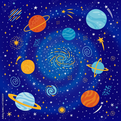 Colorful space background with planets  galaxy  comets and stars in cartoon style. Cute vector kids illustration with cosmic elements. 