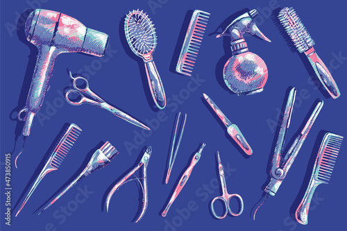 Collection of colorful hair and manicure salon tools on a blue background, hand-drawn.	
