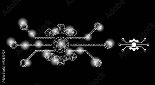 Constellation network circuit gear web icon with magic spots. Illuminated constellation created using circuit gear vector icon. Illuminated carcass web polygonal circuit gear, on a black background.