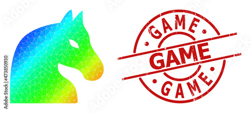 Game corroded badge, and lowpoly spectral colored chess horse icon with gradient. Red seal has Game caption inside round and lines shape. Triangulated chess horse polygonal 2d illustration.