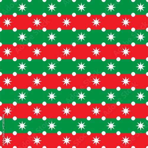White stars pattern on red and green stripes background. Christmas color with snow flakes.