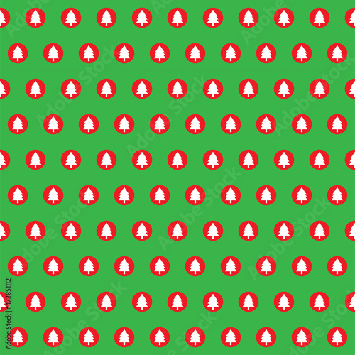 Christmas trees pattern in red circles on green background.  