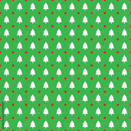 Christmas trees pattern in white and red color on green background. 