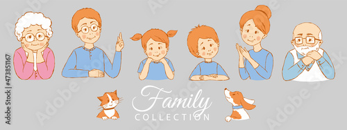 Cartoon collection of family: mother, father, son, daugter, grandfather, grandmother, cat and dog, hand-drawn.