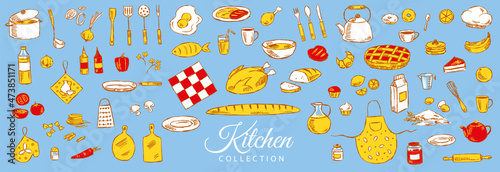 Collection of kitchen utensils and food, hand-drawn.