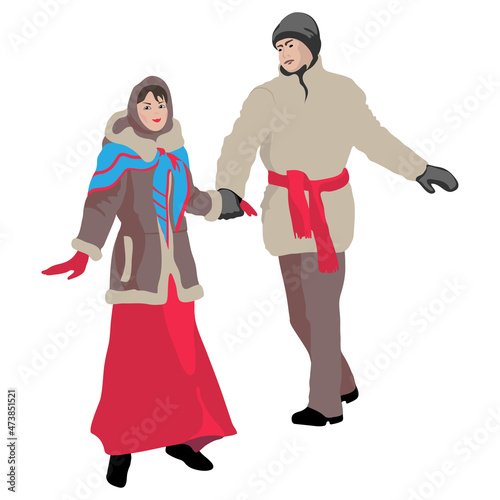 Vector flat cartoon illustration of a young girl and a guy in winter clothes, a woman in a short fur coat, long skirt, shawl, a man with a red sash. Seeing off winter, folk Russian costume.