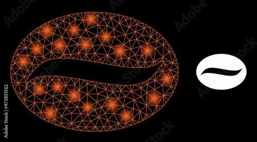 Bright net coffee grain web icon with illuminated spots. Illuminated model generated from coffee grain vector icon. Bright carcass web polygonal coffee grain, on a black background.