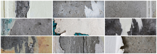 Set of textures of old torn paper wallpaper. Tattered scraps of paper on a concrete walls. Collection of wide panoramic vintage backgrounds for design.