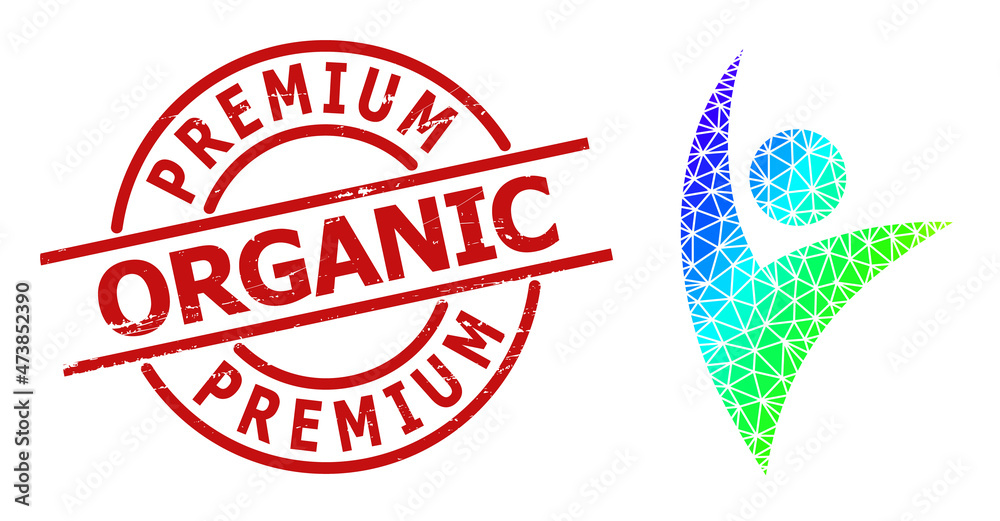 Premium Organic textured stamp print, and low-poly spectrum colored eco man icon with gradient. Red stamp seal has PREMIUM ORGANIC tag inside circle and lines template. Premium Organic textured stamp print, and low-poly spectrum colored eco man icon with gradient. Red stamp seal has PREMIUM ORGANIC tag inside circle and lines template.