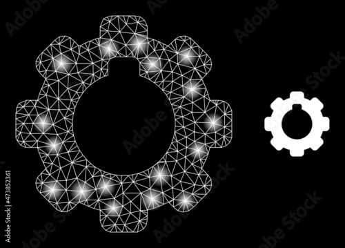 Constellation network cogwheel web icon with glossy spots. Illuminated constellation created from cogwheel vector icon. Illuminated carcass web polygonal cogwheel, on a black background.