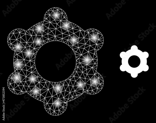 Constellation network cogwheel web icon with illuminated spots. Illuminated constellation done from cogwheel vector icon. Constellation carcass web polygonal cogwheel, on a black background.