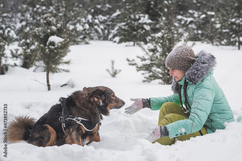 Woman having fun with dog in the snow in forest