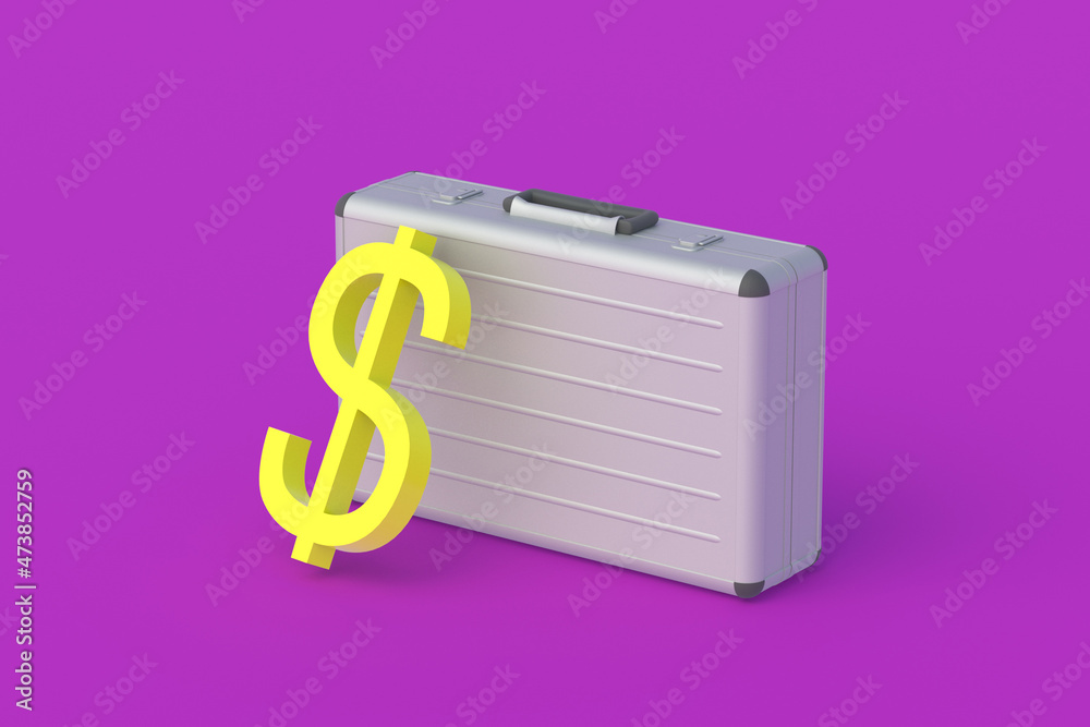 Symbol of dollar near metal suitcase. The state budget. Corruption in the government. Social help. Payment of taxes. Bank transfers. Money prize. Pension accrual. Housing rent. 3d render Symbol of dollar near metal suitcase. The state budget. Corruption in the government. Social help. Payment of taxes. Bank transfers. Money prize. Pension accrual. Housing rent. 3d render
