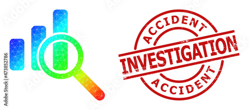 ACCIDENT INVESTIGATION corroded stamp print and low-poly spectral colored expore bar chart icon with gradient. Red seal has Accident Investigation caption inside circle and lines form.