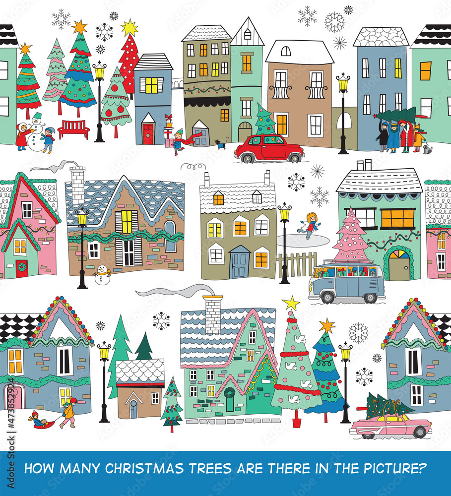 Count the Christmas trees in the picture. Seamless pattern for your design. Vector illustration 