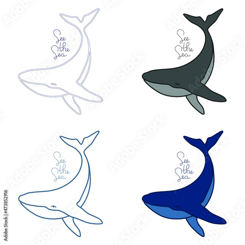 Set of four humpback whales with handdrawn phrase minimalist simple outline vector logo illustration. Isolated contour whale drawing on white background