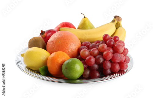 Plate with fresh ripe fruits on white background