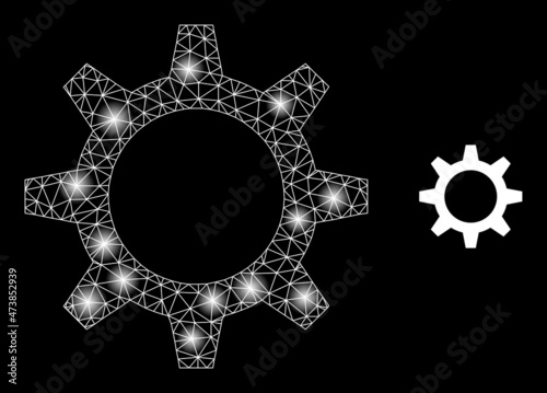Bright net cogwheel web icon with glitter light spots. Illuminated model done using cogwheel vector icon. Bright carcass web polygonal cogwheel, on a black background.