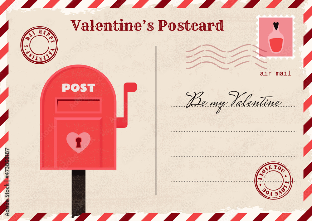 Vintage Valentine’s Invitation postcard, mail, letter. Be my Valentine. Vector illustration