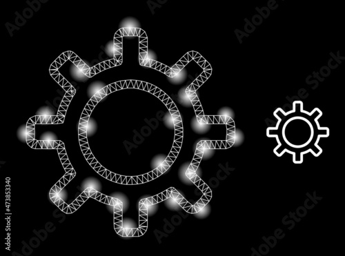 Glowing net contour gear web icon with glitter light spots. Illuminated model generated using contour gear vector icon. Illuminated carcass web polygonal contour gear, on a black background.