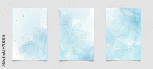 Pastel cyan navy liquid marble watercolor background with gold brush stains. Teal turquoise marbled alcohol ink drawing effect. Vector illustration backdrop, watercolour wedding invitation, rsvp