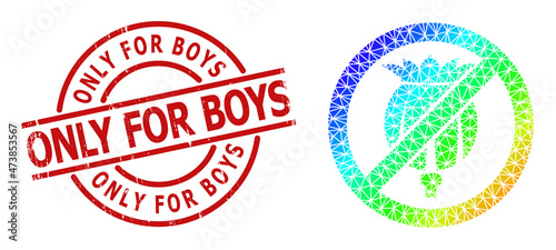 Only for Boys unclean stamp seal, and low-poly spectral colored forbid opium poppy icon with gradient. Red stamp seal contains Only for Boys caption inside circle and lines form.