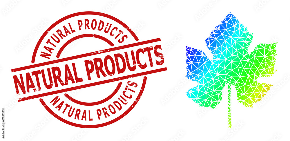 NATURAL PRODUCTS grunge stamp imitation, and low-poly rainbow colored grape leaf icon with gradient. Red stamp includes Natural Products caption inside round and lines form. NATURAL PRODUCTS grunge stamp imitation, and low-poly rainbow colored grape leaf icon with gradient. Red stamp includes Natural Products caption inside round and lines form.