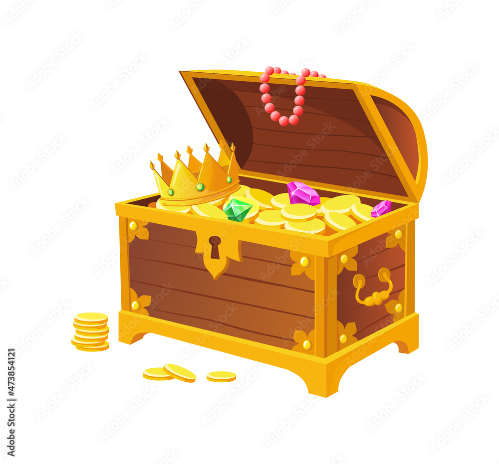Royal treasures. Golden chest bin from cave with crown and jewellery cartoon vector - obrazy, fototapety, plakaty 
