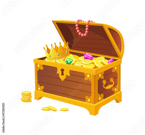 Royal treasures. Golden chest bin from cave with crown and jewellery cartoon vector