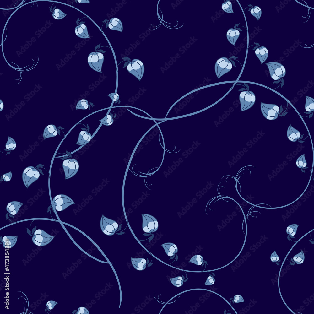 Beautiful floral pattern in a small flower. Abstract texture with scattered delicate branches on a dark blue background. Elegant repeating pattern for trendy decor prints, wallpapers, fabrics