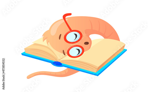 Sleeping bookworm. Cartoon worm sleep on books bookworm in school library, vector