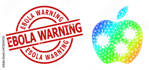 Ebola Warning unclean seal and low-poly rainbow colored infected apple icon with gradient. Red stamp seal contains Ebola Warning title inside circle and lines shape.