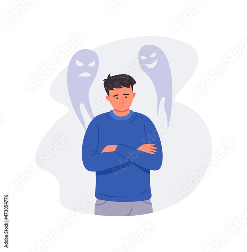 Sorrow teen man. Sadly boy with problems, stress or fear, vector