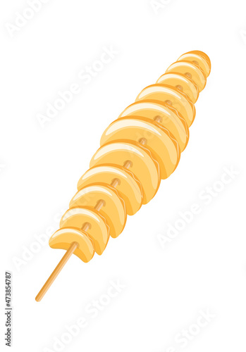 Spiral potato. Twist tornado potatoes on stick, fastfood street snacks skewer, cooked products, cartoon vector illustration