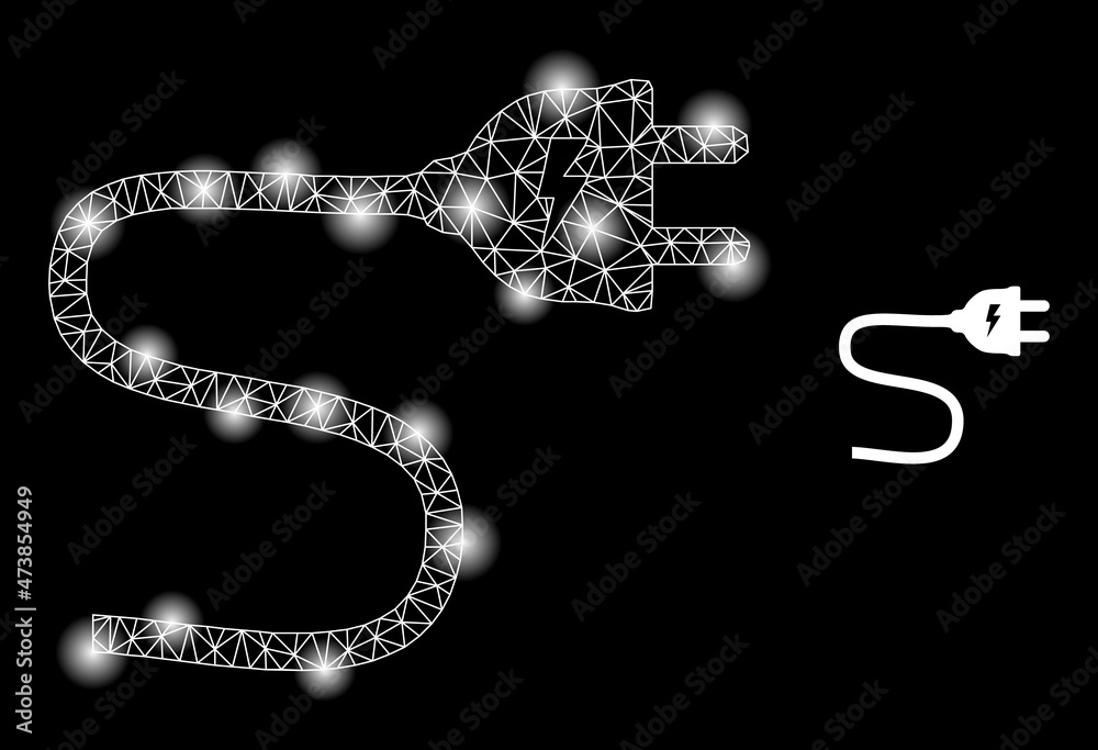 Constellation net electric plug cable web icon with glossy light spots. Illuminated constellation is generated from electric plug cable vector icon. Glossy carcass web polygonal electric plug cable, Constellation net electric plug cable web icon with glossy light spots. Illuminated constellation is generated from electric plug cable vector icon. Glossy carcass web polygonal electric plug cable,