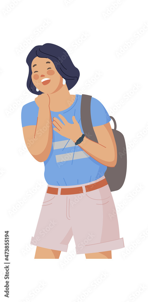 Student girl laughing. Giggle cheer people, teenage joking, stand adult woman, cartoon funny character, loud joke, person lol, vector illustration Student girl laughing. Giggle cheer people, teenage joking, stand adult woman, cartoon funny character, loud joke, person lol, vector illustration